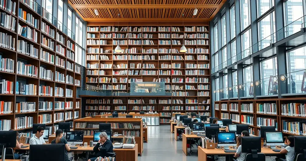 Interior moderno de biblioteca pública com estantes e leitores