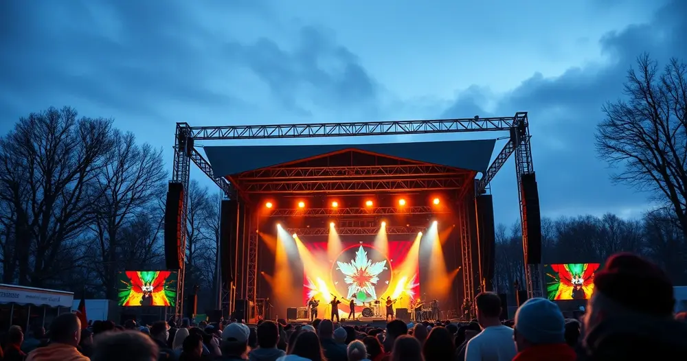 Palco de festival de inverno iluminado com público ao entardecer