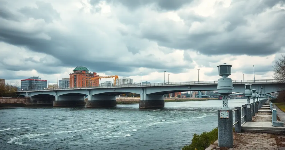 Sensores de nível instalados às margens de rio sob céu nublado