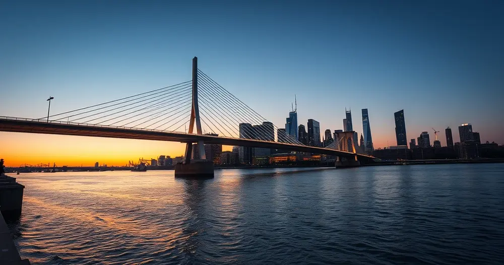 Vista da nova ponte estaiada iluminada ao entardecer sobre o rio