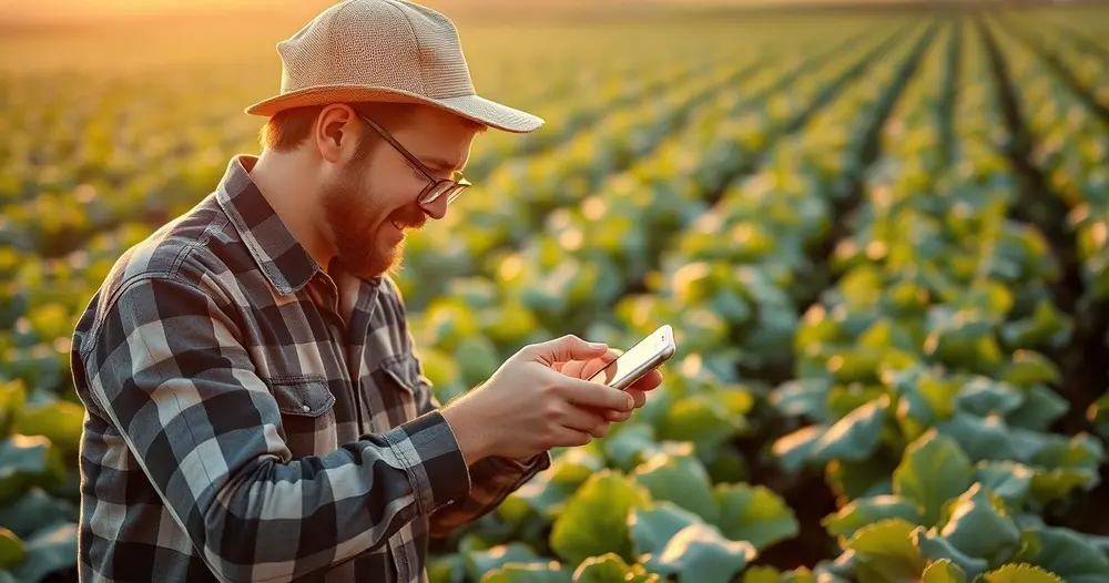 Agricultor utilizando aplicativo no celular em plantação verde