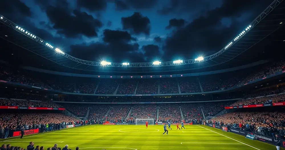 Torcida comemora gol em estádio de futebol à noite